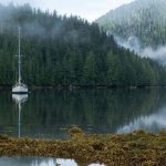 sailboat in cove on columbia river at dusk