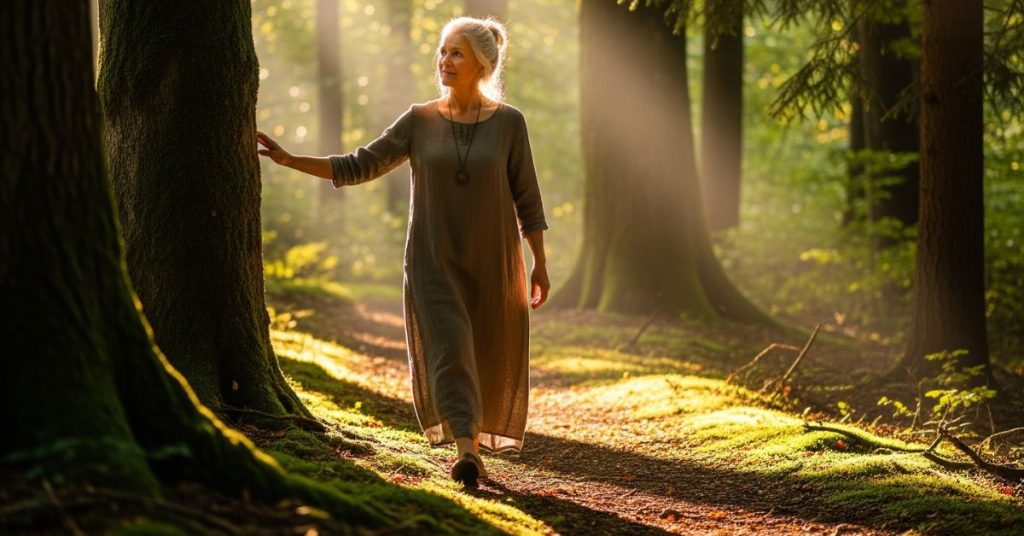 woman walking on a path in the forest