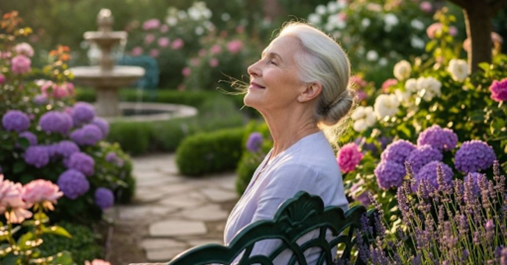 Woman sitting on a garden bench