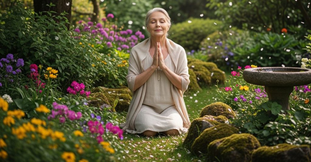 Woman praying in garden