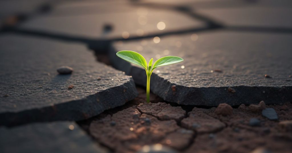 shoot of new plant peeking through rocks
